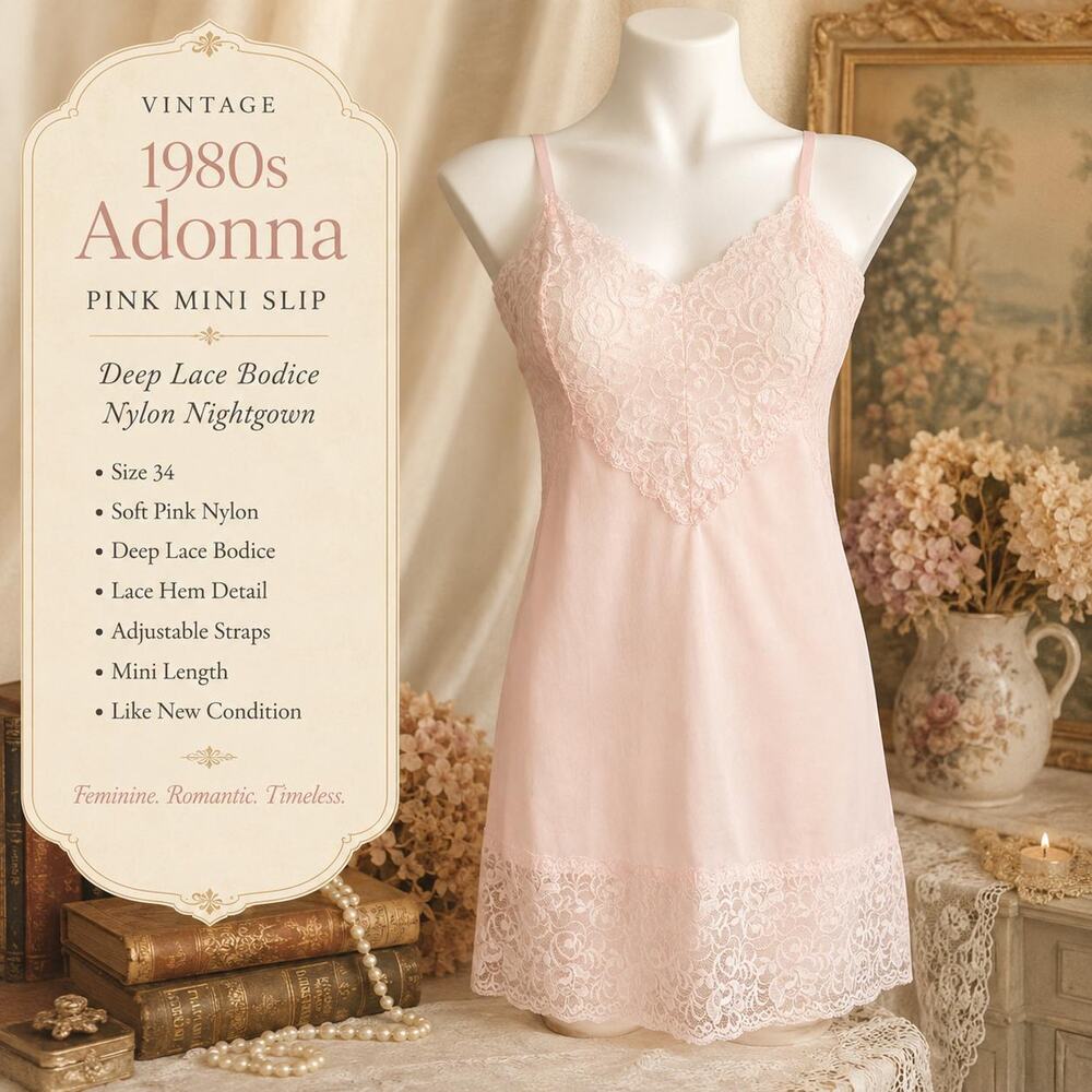 Vintage 1980s Adonna Pink Mini Slip | Deep Lace Bodice Nightgown Nylon Size 34